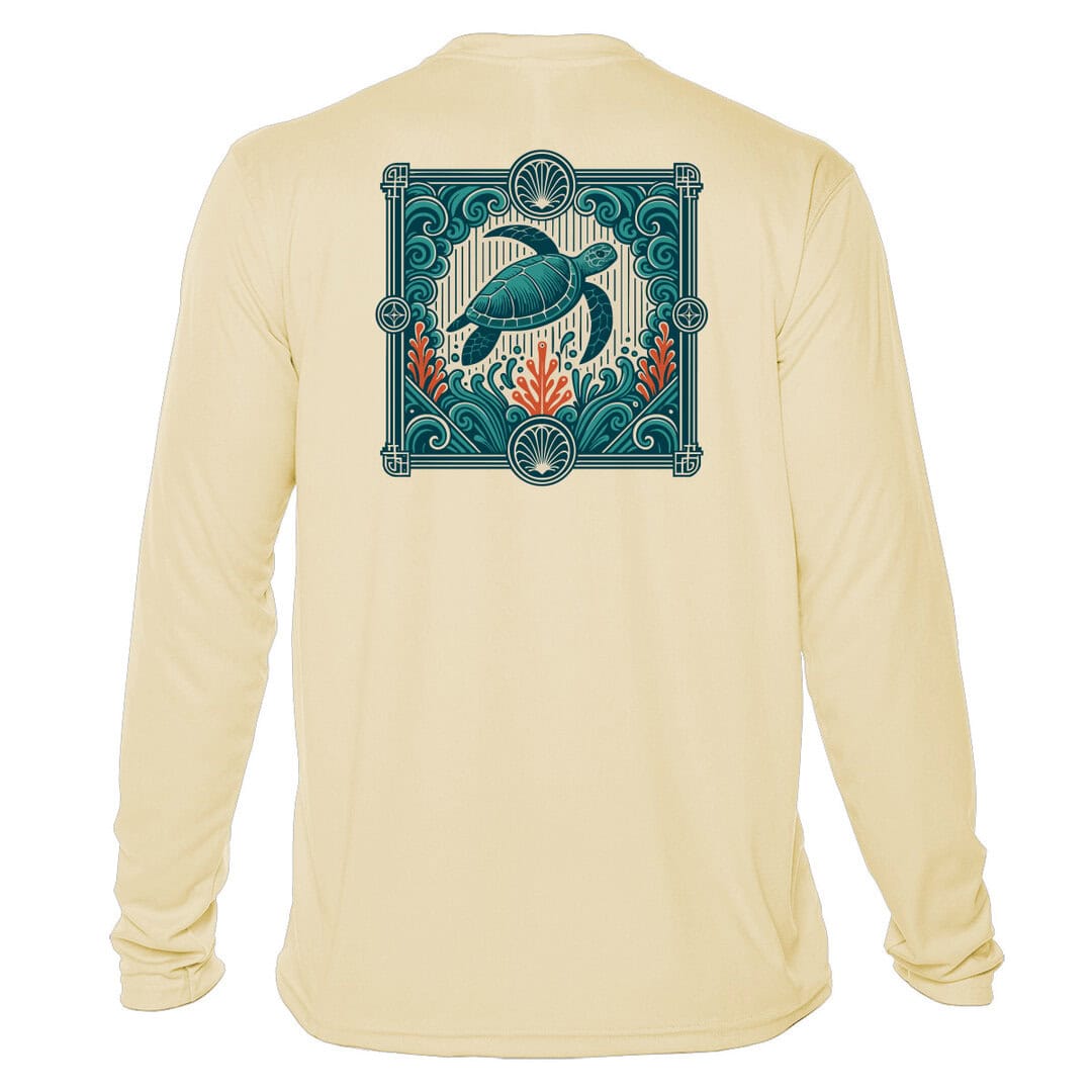 Blue Current Cruiser UPF 50+ long sleeve sun shirt with turtle design. Perfect for sun protection an.