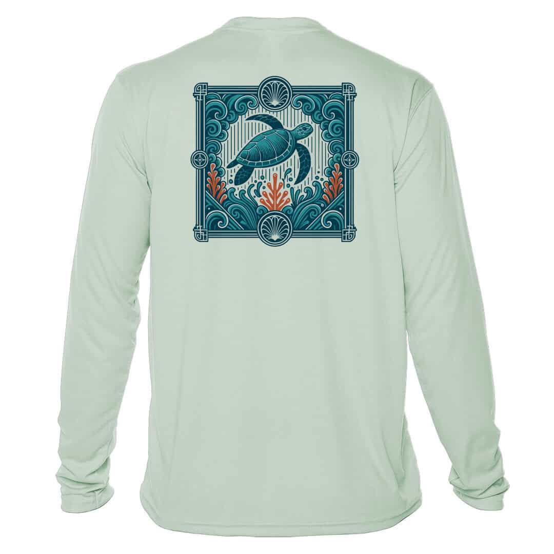 Sea turtle design on light green long sleeve sun shirt with UPF 50+ protection. Perfect for beach an.