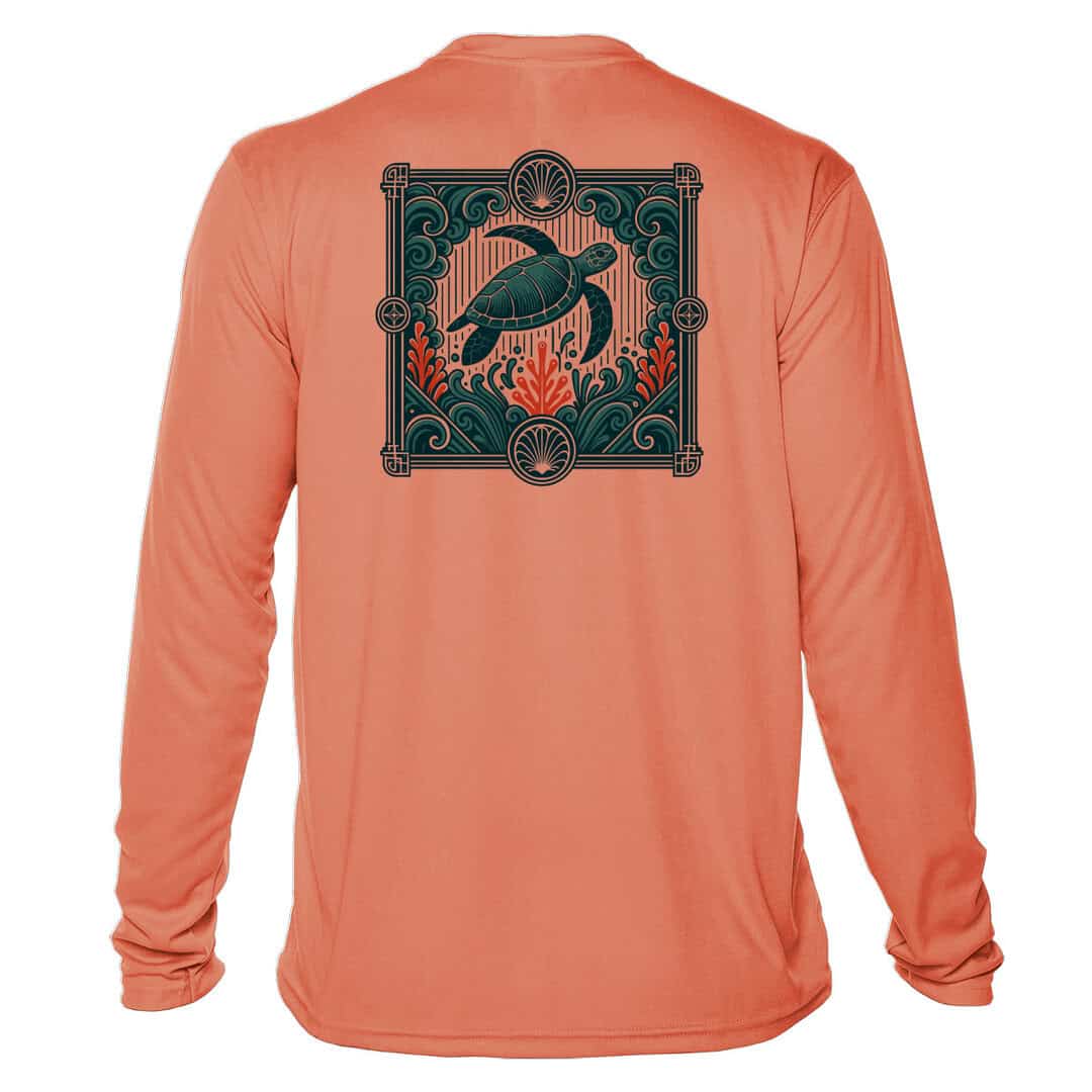Sun protection long sleeve shirt with turtle design, perfect for beach and outdoor activities.
