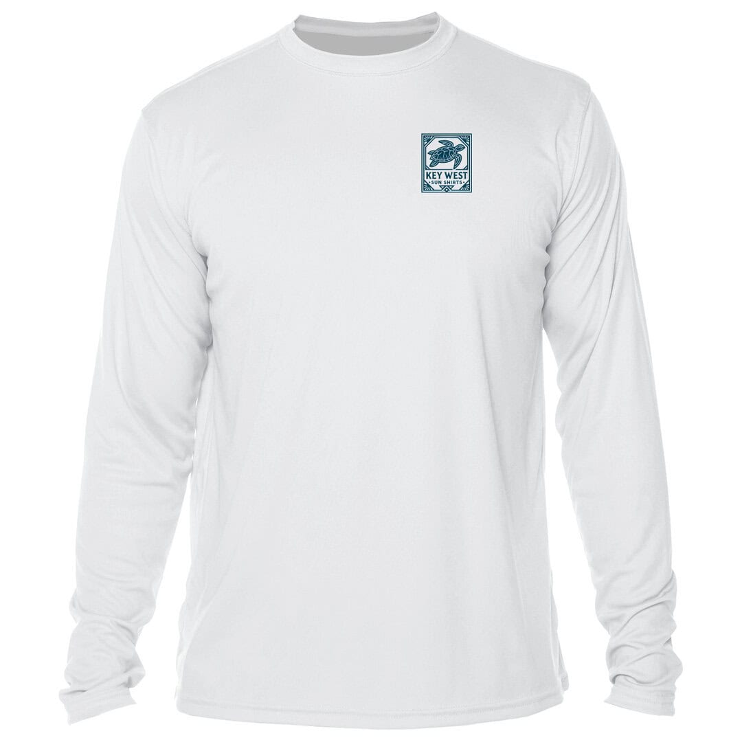 White long sleeve T-shirt with Key West Sun Shirts logo on chest, perfect for sunny days.