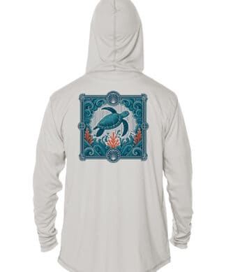 Hooded UPF 50+ sun protection hoodie featuring a blue turtle and ocean design, perfect for beach and.