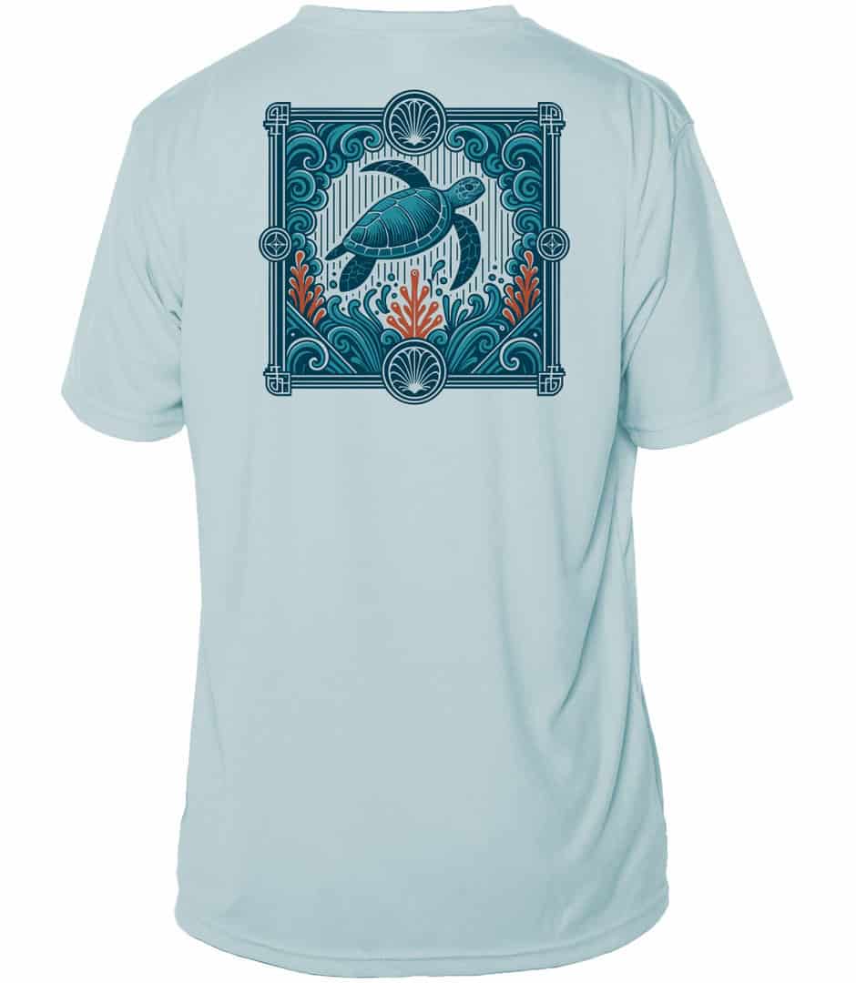 Blue Current Cruiser UPF 50+ Sun Shirt with turtle design.