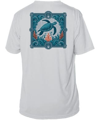 Blue Current Cruiser UPF 50+ Sun Shirt with turtle design.