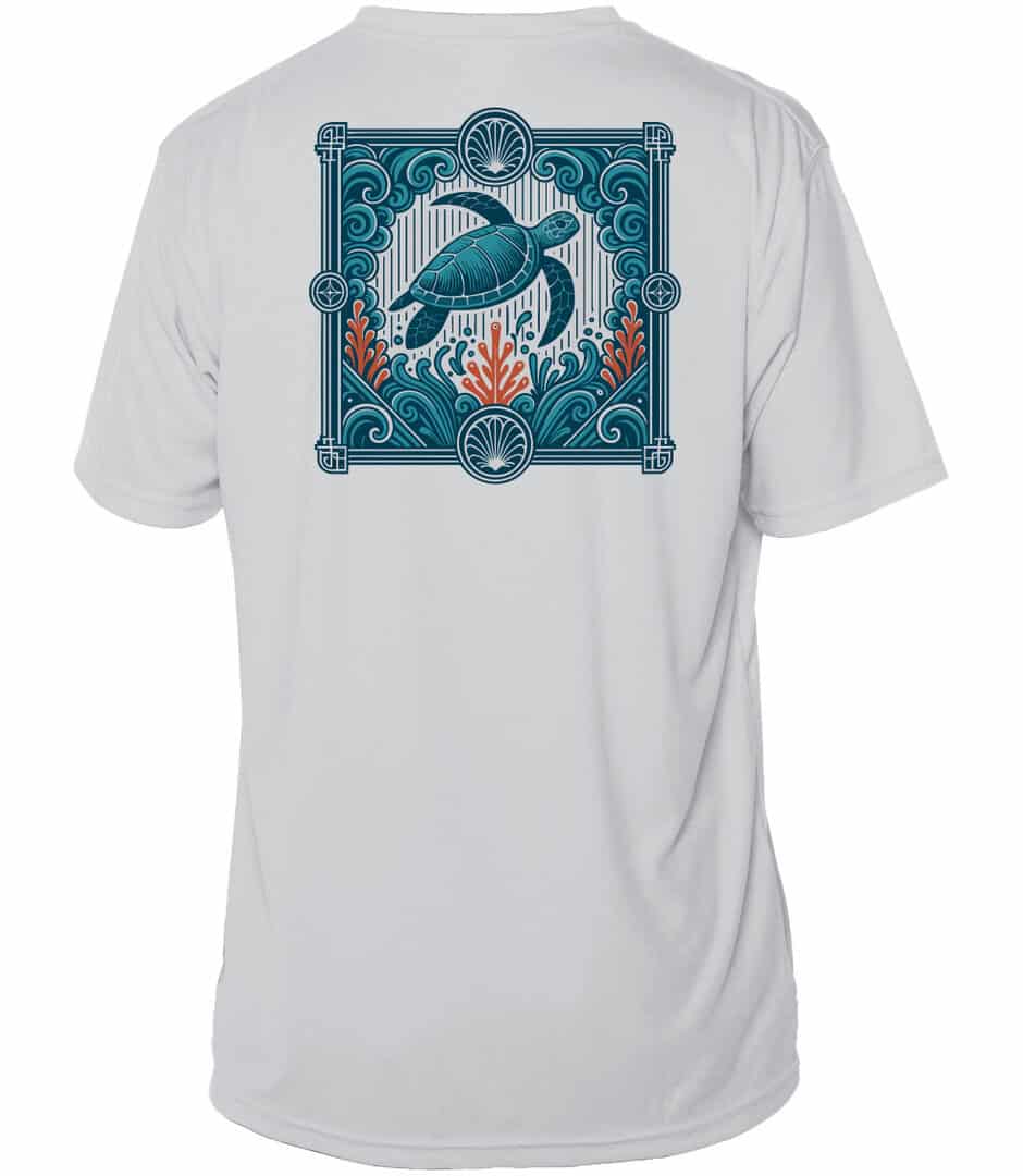 Blue Current Cruiser UPF 50+ Sun Shirt with turtle design.