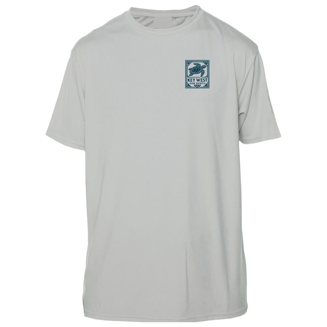 White T-shirt with Key West Sun Shirts logo on chest, casual summer wear.