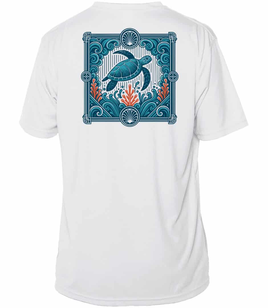 Blue Current Cruiser UPF 50+ Sun Shirt with turtle design for sun protection.
