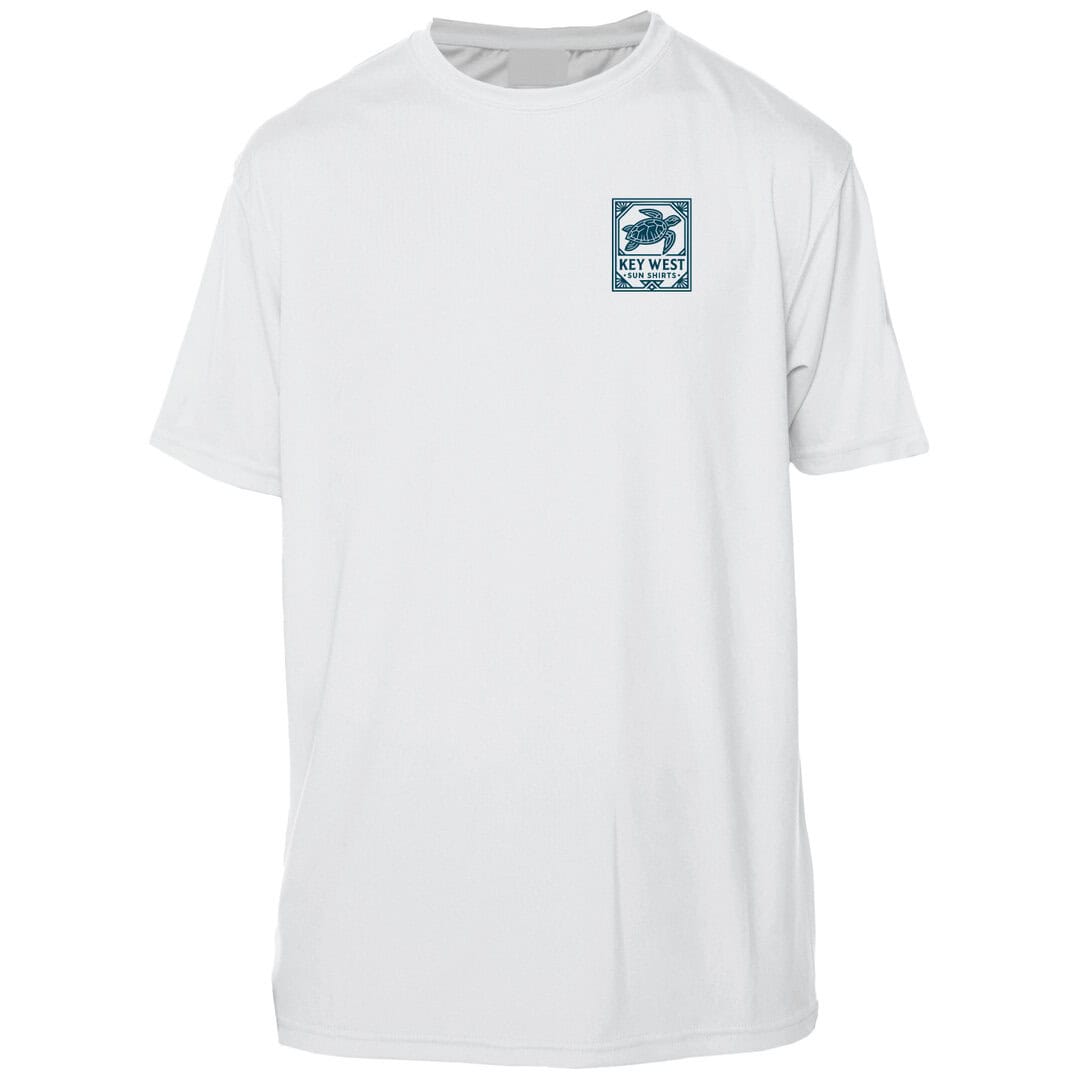 White T-shirt with Key West Sun Shirts logo on chest, casual summer wear.