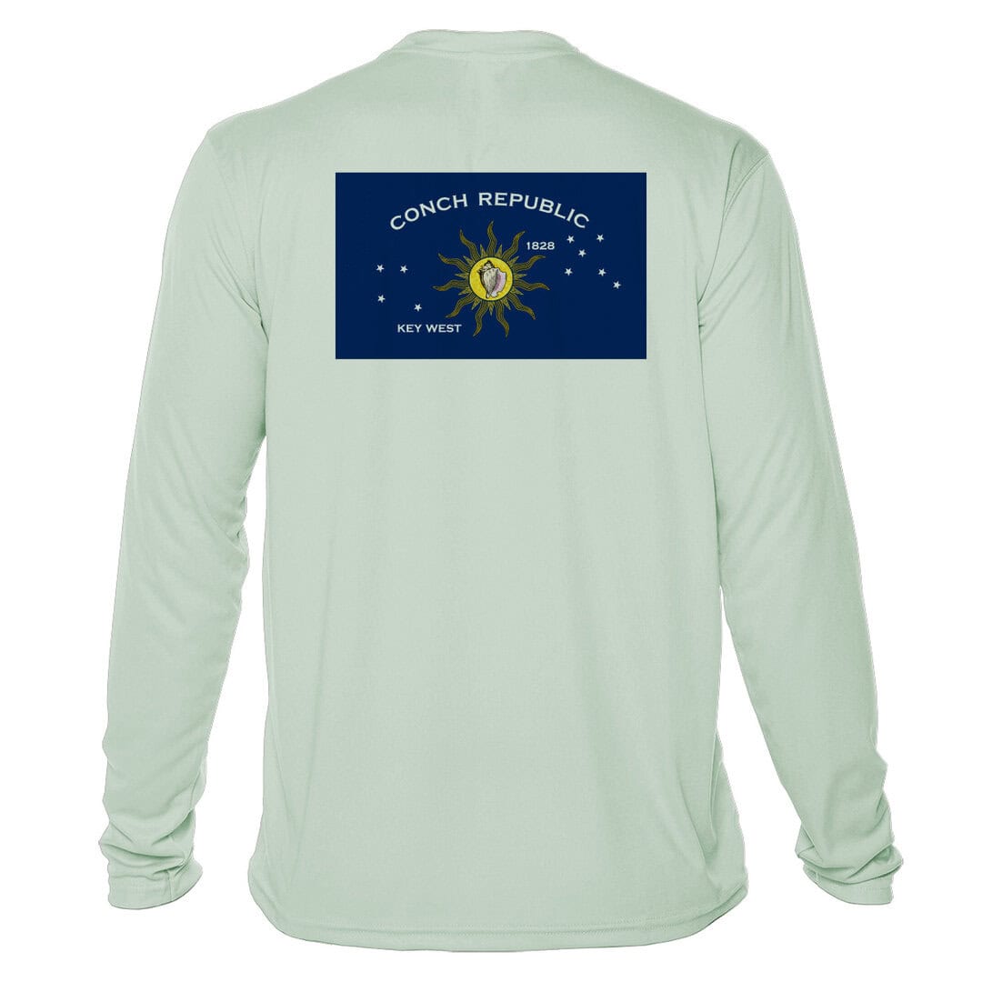 Long sleeve UPF 50+ sun shirt with Conch Republic logo in Seagrass color.