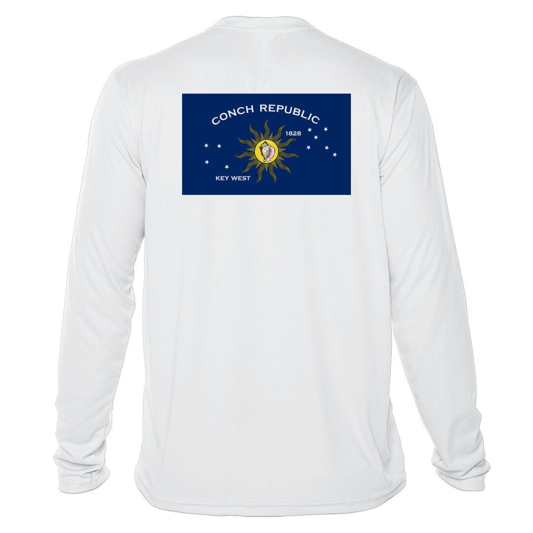 Conch Republic Defender UPF 50+ long sleeve shirt in white, perfect for sun protection in Key West.