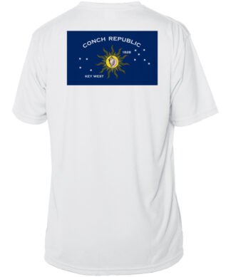 Conch Republic Defender UPF 50+ short sleeve sun shirt with vibrant sun and flag design. Perfect for.