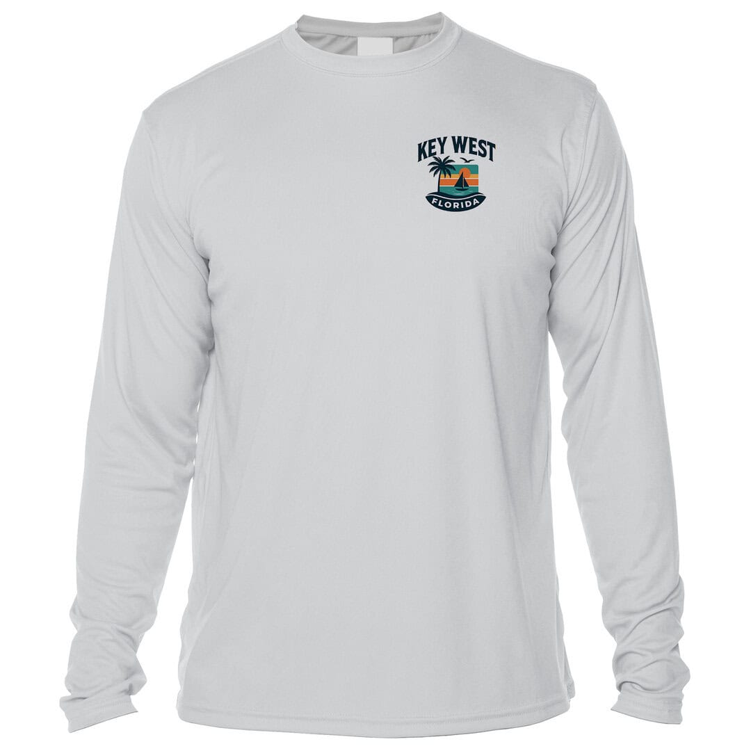 Long-sleeve white shirt with Key West Florida logo for sun protection.