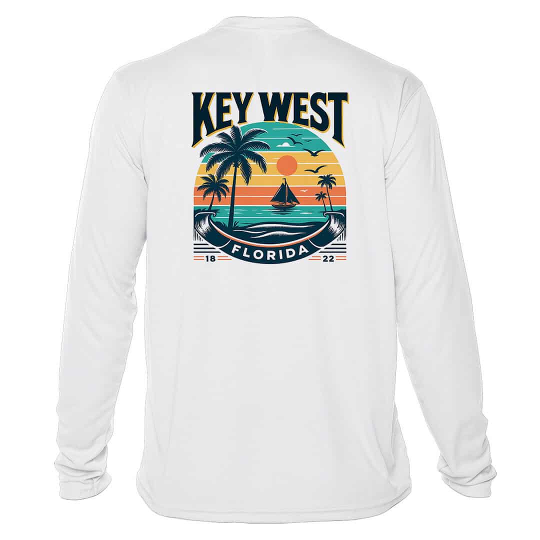 Bright white long sleeve UPF 50+ shirt featuring Key West sunset and palm trees. Perfect for sun pro.