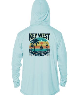 UPF 50+ Key West Sun Hoodie in Arctic Blue with tropical sunset graphic.