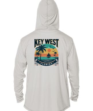 Sun protection hoodie with Key West sunset graphic, UPF 50+ for outdoor sun safety. Perfect for beac.
