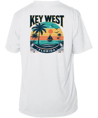 Sun protection Key West shirt with tropical sunset design, UPF 50+ for outdoor activities.