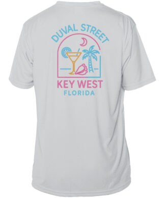 White short sleeve UPF 50+ sun shirt with Duval Street design in pink, blue, and yellow.
