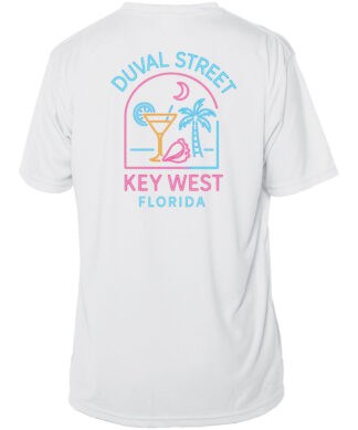 Bright UPF 50+ sun shirt featuring Duval Street, Key West, palm trees, and tropical drink design.