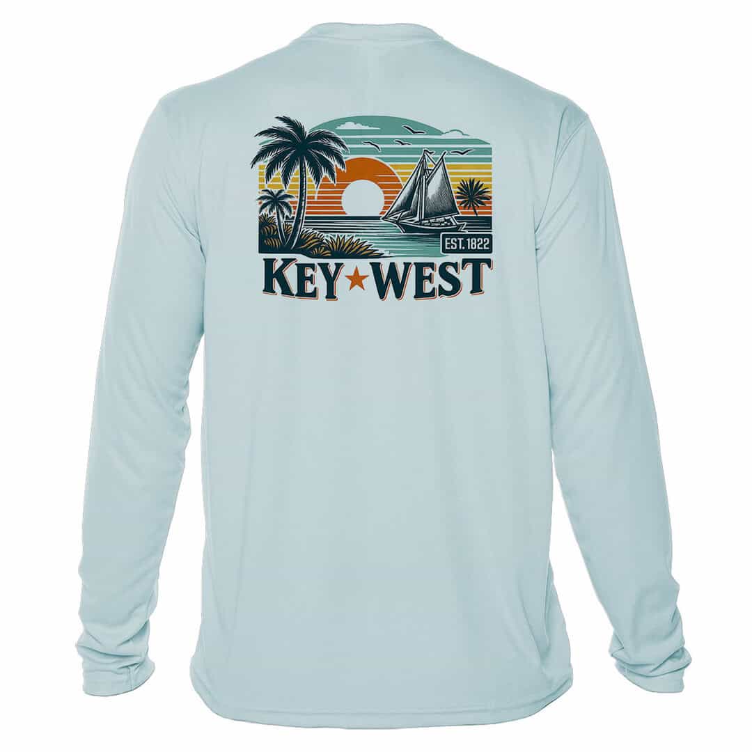 Sun protection UPF 50+ long sleeve shirt with Key West design in Arctic Blue. Perfect for beach days.