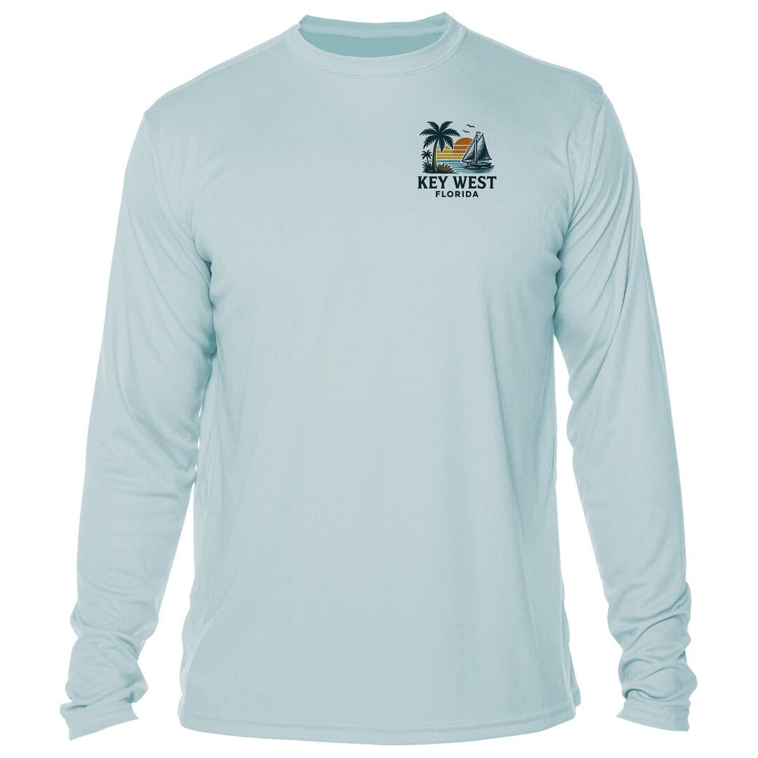 Light blue long sleeve shirt with Key West Florida logo and tropical design.