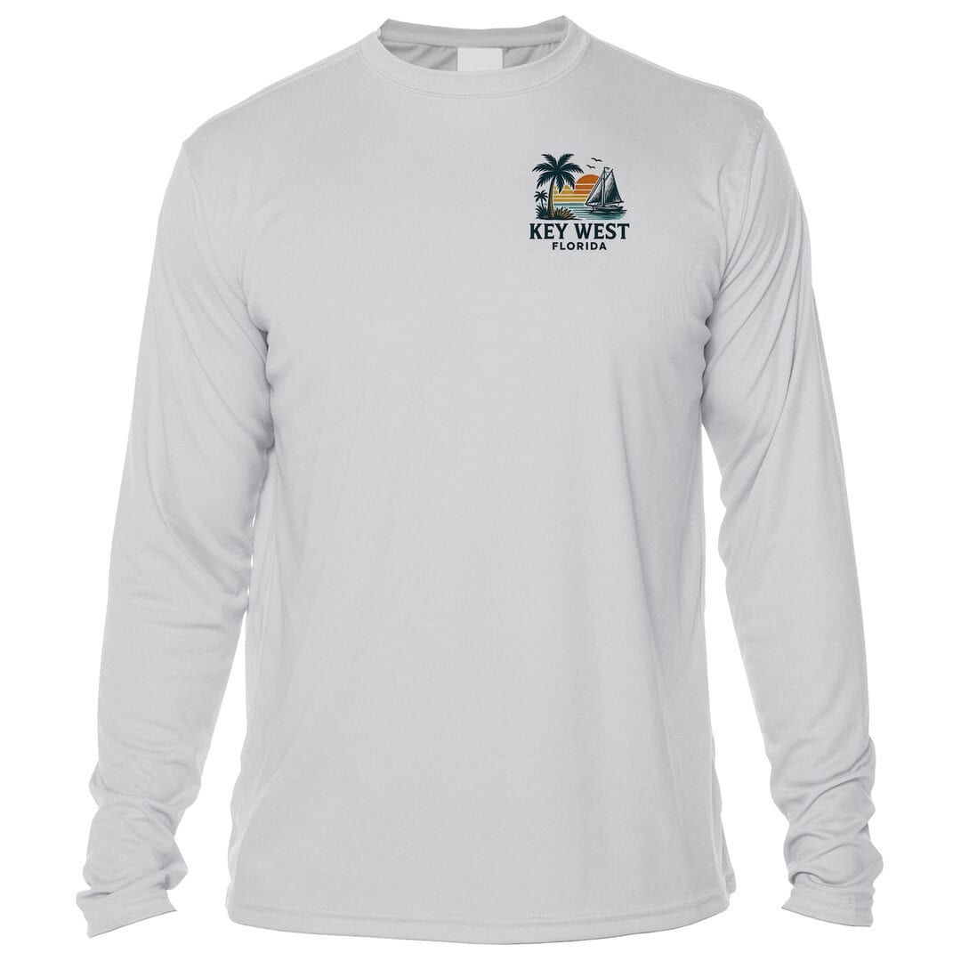 White long-sleeve shirt with Key West Florida logo featuring palm trees and a sailboat.
