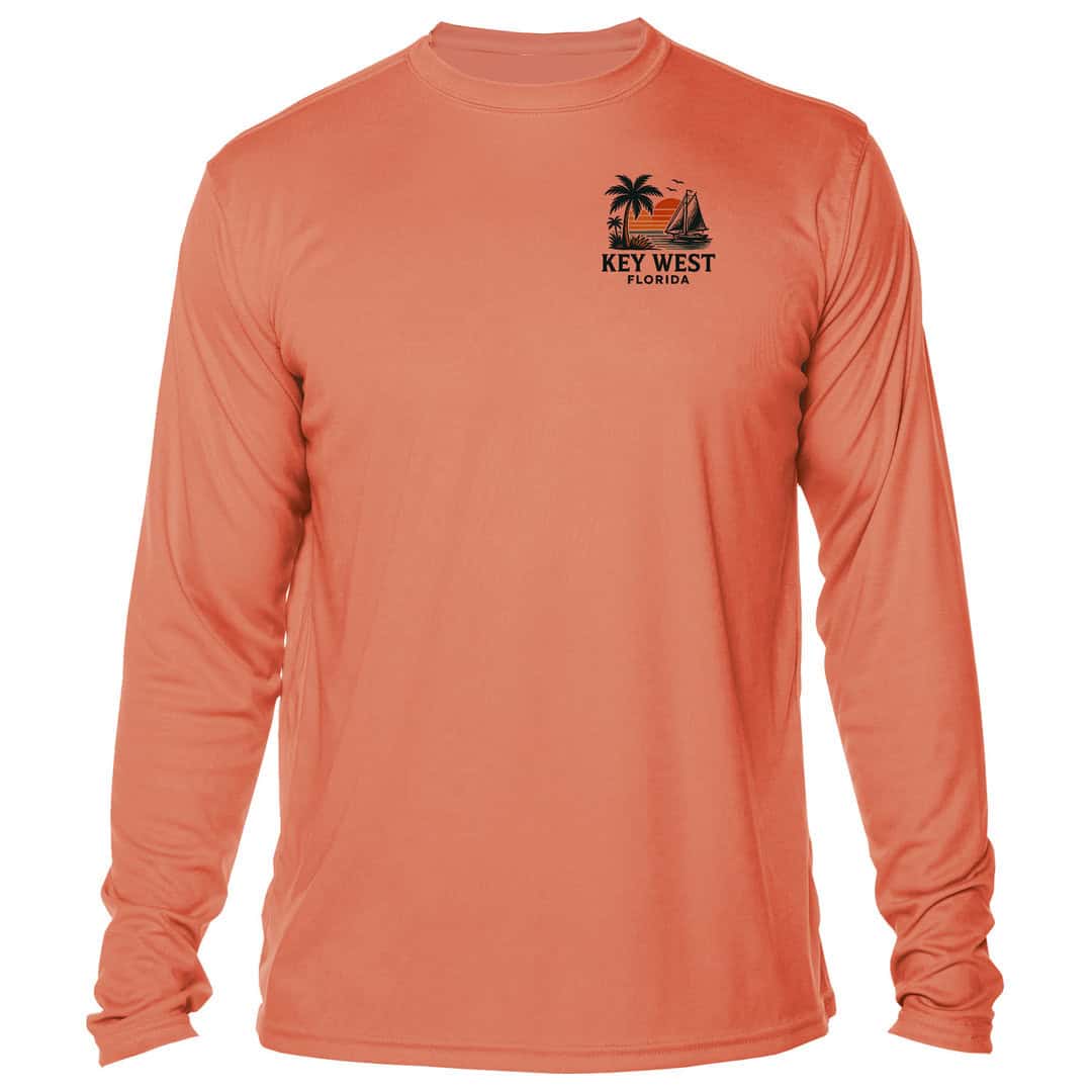 Long-sleeve sun shirt with Key West Florida logo, perfect for beach and outdoor activities.