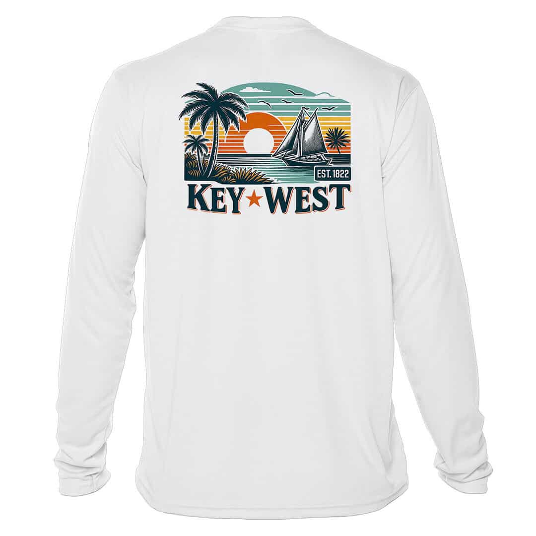 Sun protection UPF 50+ long sleeve white shirt with Key West design. Perfect for beach days and outd.