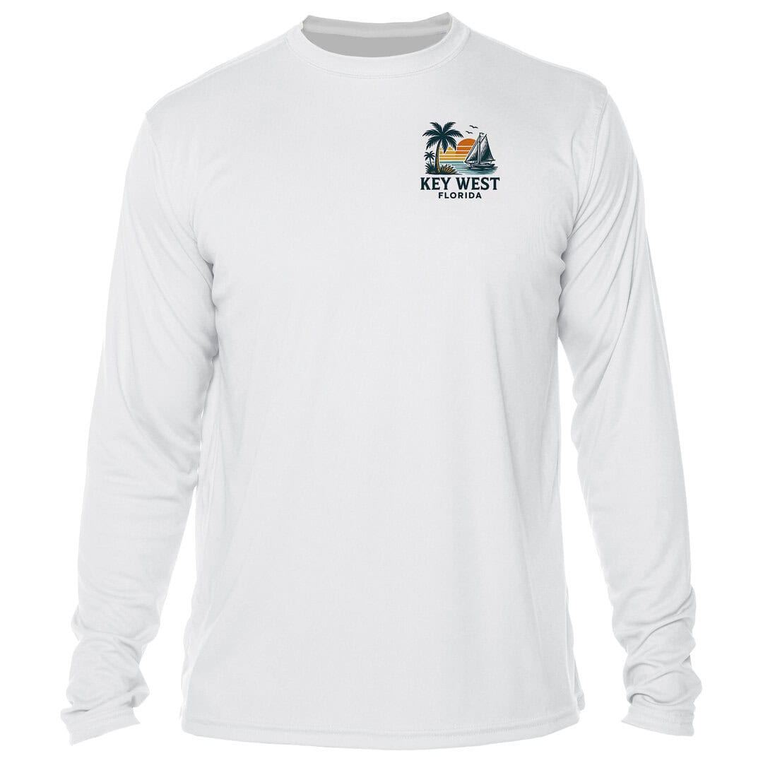 White long sleeve shirt with Key West Florida logo and palm tree design.