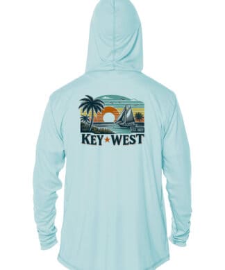 Sun Shirt with Key West sunset and sailboat design, UPF 50+ protection, Arctic Blue, XS.