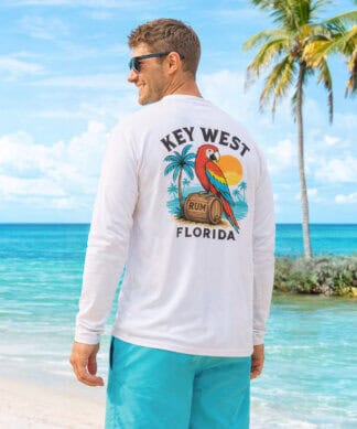 Parrot Party UPF 50+ long sleeve sun shirt with tropical design for sun protection. Perfect for beac.