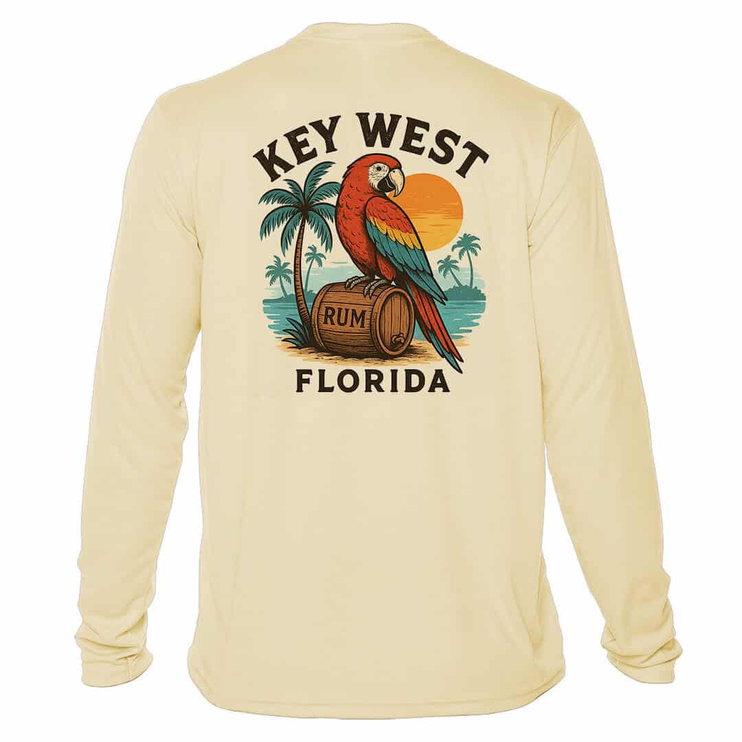 UPF 50+ long sleeve shirt featuring a colorful parrot and tropical scene, perfect for sun protection.