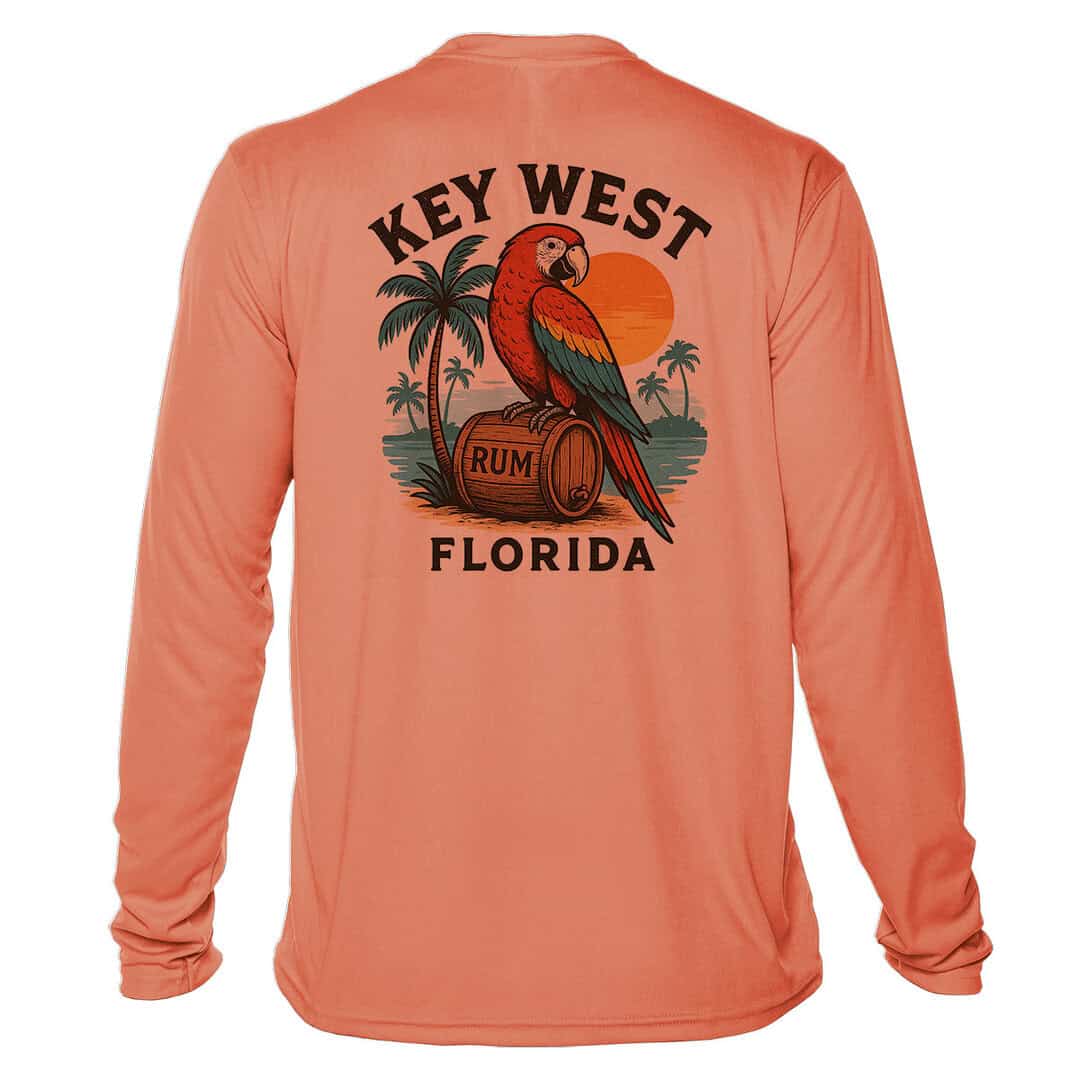 Sun protection long sleeve shirt with colorful parrot and tropical design.