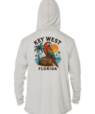 Parrot Party UPF 50+ hoodie with tropical palm trees and sunset design. Perfect for sun protection a.