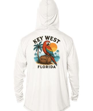 Parrot design on white UPF 50+ hoodie, perfect for sun protection in Key West.