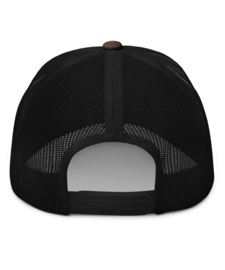 Black camouflage trucker hat with mesh back for sun protection.