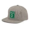 Mile Zero snapback hat featuring a gray fabric and green Mile Zero patch, perfect for sun protection.