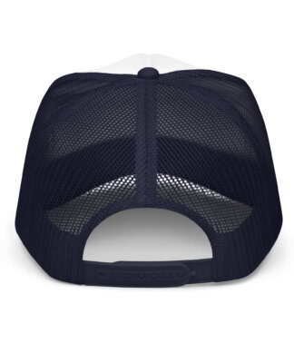 Stylish navy foam trucker hat with sunset palms design, perfect for sun protection and beach outings.