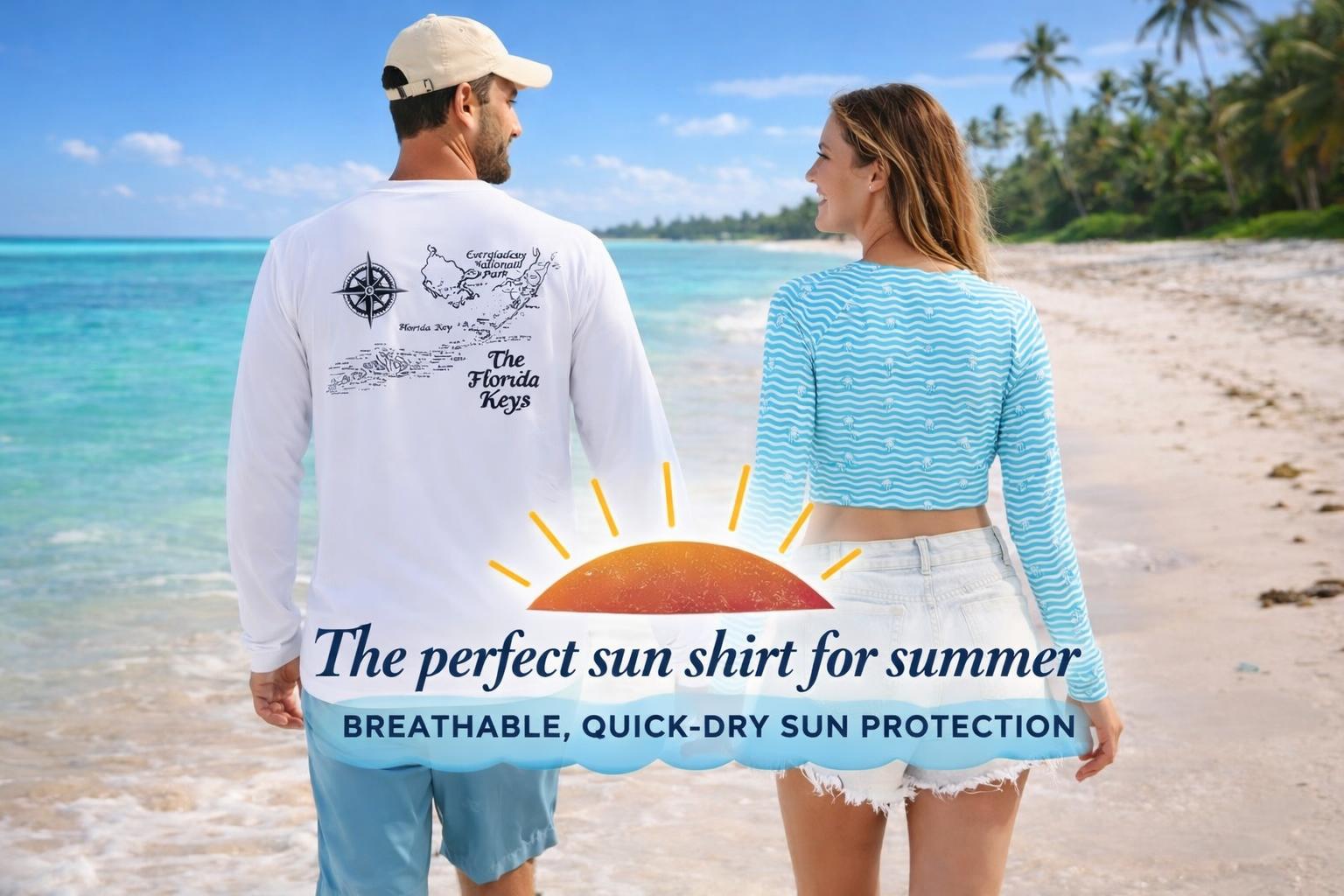 Man and woman wearing sun shirts on the beach for sun protection.