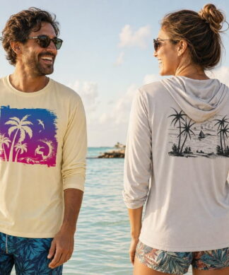 Friends wading at a Key West sandbar in Key West Sun Shirts beach designs
