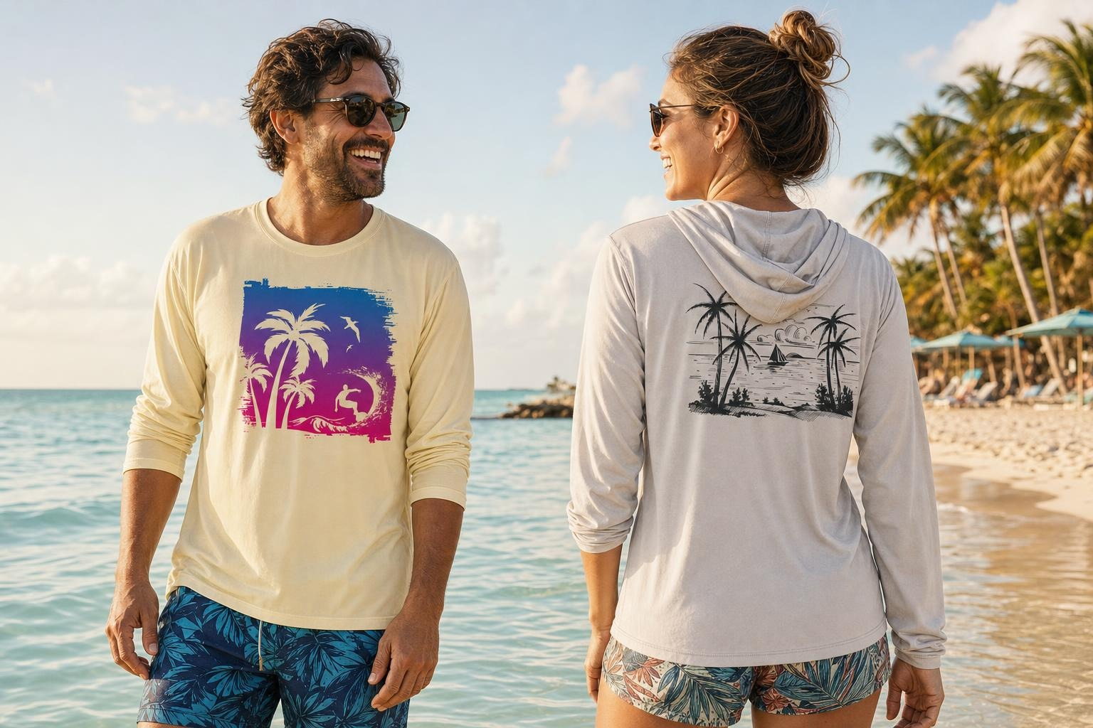 Friends wading at a Key West sandbar in Key West Sun Shirts beach designs
