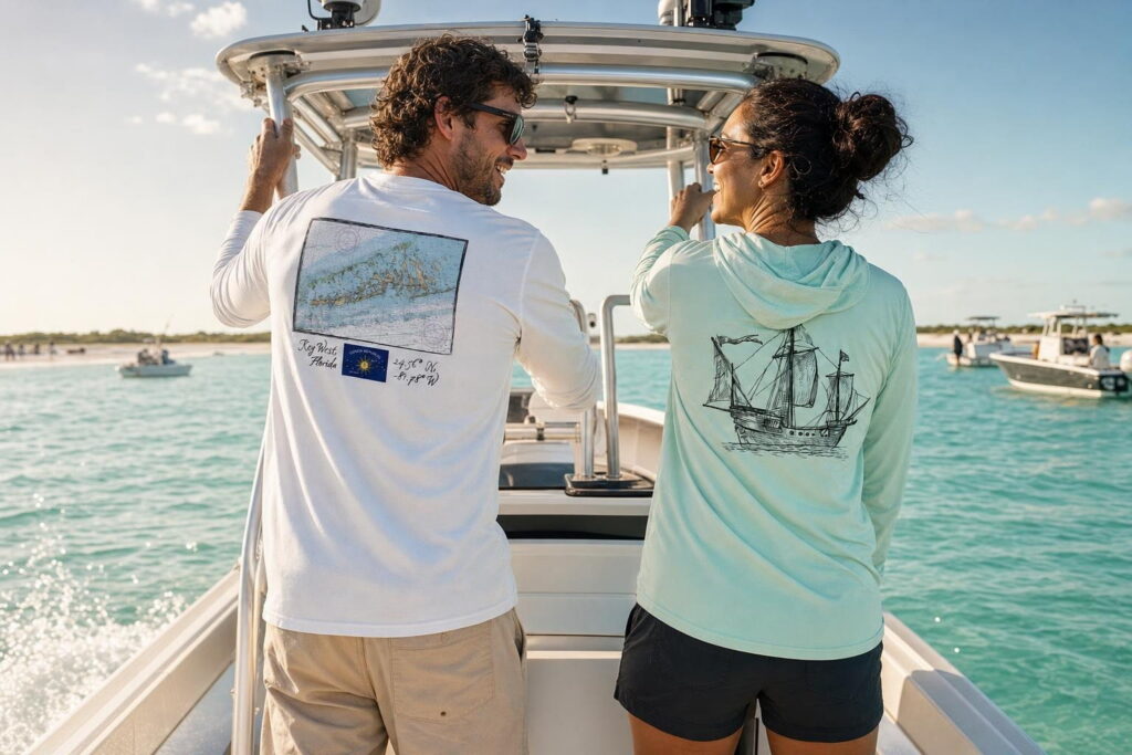 Friends on a center-console boat in Key West Sun Shirts boating designs