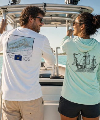 Friends on a center-console boat in Key West Sun Shirts boating designs