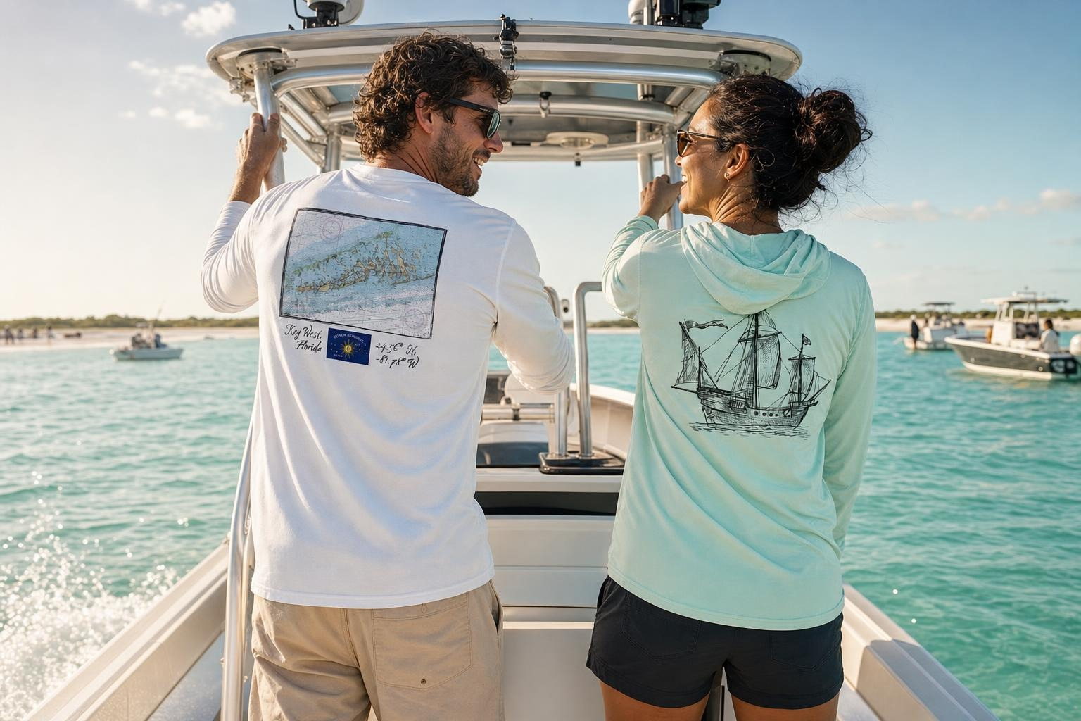 Friends on a center-console boat in Key West Sun Shirts boating designs