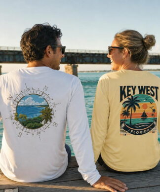 Friends on a Bahia Honda dock wearing Florida Keys designs by Key West Sun Shirts