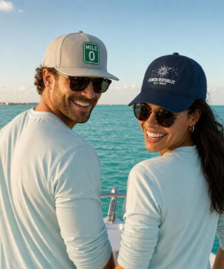Friends on a boat wearing Key West Sun Shirts hats
