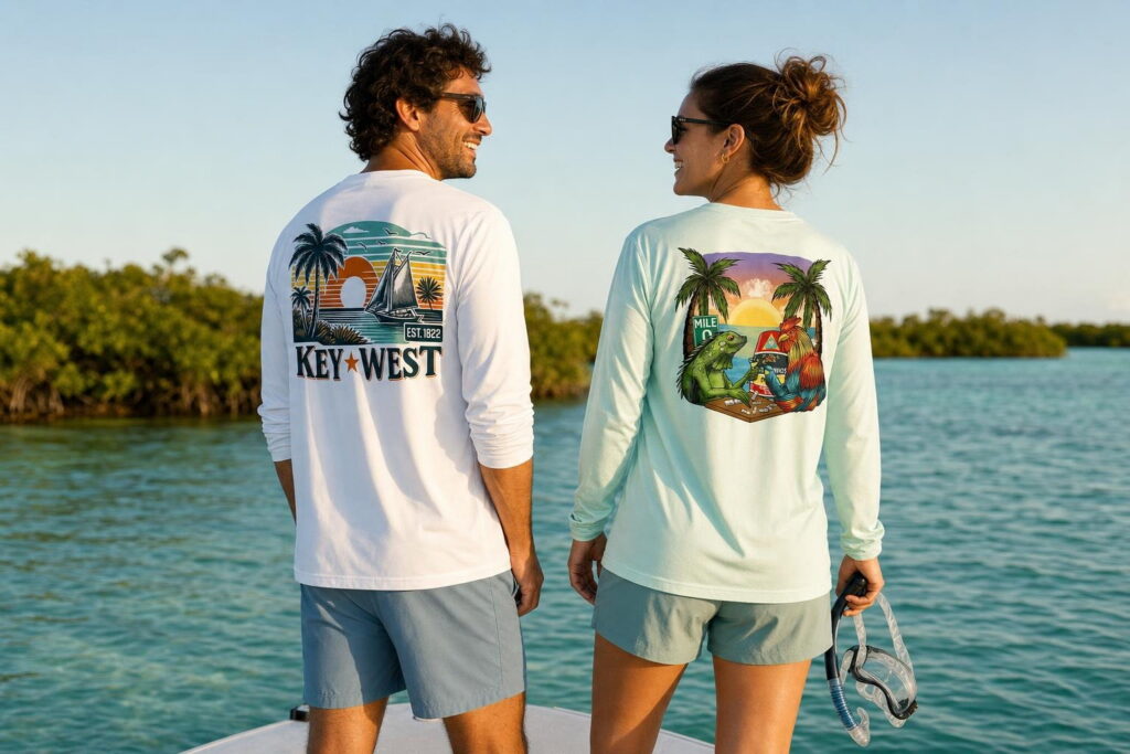 Friends on a flats boat in UPF 50+ long-sleeve sun shirts