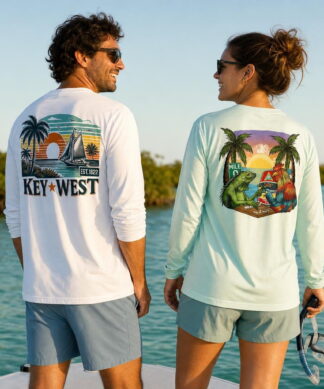 Friends on a flats boat in UPF 50+ long-sleeve sun shirts
