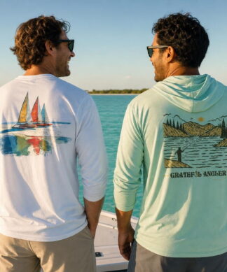 Men on a boat over the Key West flats in men's sun shirts