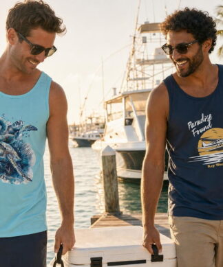 Men on a Key West marina dock in Key West Sun Shirts tank tops