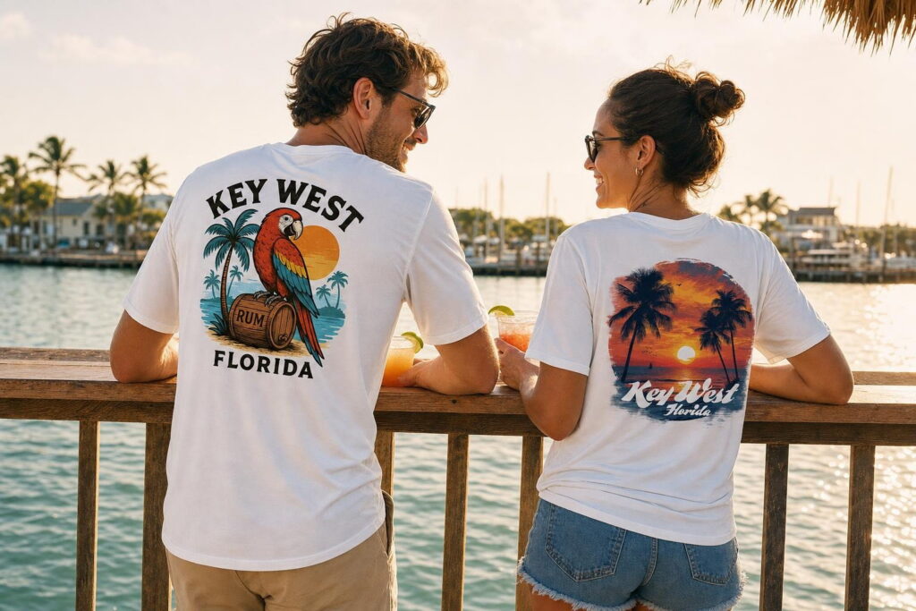 Friends at a Key West waterfront bar in short-sleeve sun shirts
