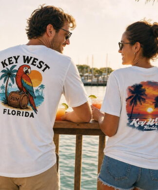 Friends at a Key West waterfront bar in short-sleeve sun shirts